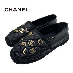 Chanel Flat Shoes Leather Black Gold Here Mark Logo Espadrilles